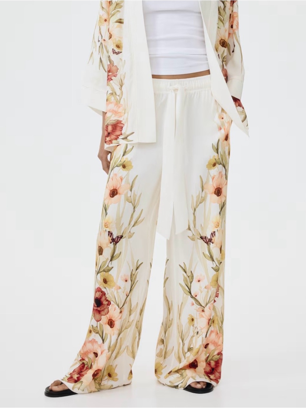 H&M Printed Cream/Floral Drawstring Pants For Women. NWT. Sz L. NWT